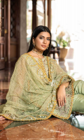 Shirt  Embroidered organza fabric front back & sleeves with adda work Attached inner Trouser  Raw silk fabric dyed trouser Dupatta  Embroidered net fabric dupatta with adda work