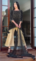 Beautiful  Velvet tail frok is glamorized by details of pearls, stones, bead work and sequins, stylized it with jamawar wideleg pants and beautified it with screen print net dopatta