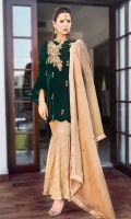 Beautiful  Velvet Outfit is glamorized by dainty details of peacock with pearls, stones, bead work and sequins, stylized it with jamawar peplum pants and beautified it with masoori dopatta with jamawar borders.