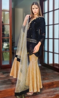 Beautiful Laser cut Black Velvet Outfit is glamorized by handwork of pearls, stones, bead work and sequins, stylized it with jamawar peplum pants and beautified it with screen print net dopatta with velvet borders.