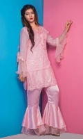 3pc Khaddi shirt embellished with ruffles and pearls stylized it with pink silk statement pants and contrast color dopatta
