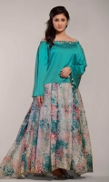 2pc silk jacket embellished with metallic leaves on neckline and edges paired up with digital printed shamooz silk skirt