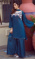 Premium chiffon suit embellished with hand work of kora nakshi sequins pearls and 3d flowers modernized with balloon sleeves stylized with wide box pleated pants and chiffon dopatta