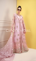 Maxi in net fabric embellished with premium handwork of sequins and crystal with lace details paired up with frill detailed embroidered organza dupatta and pants