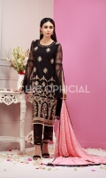 Net fabric Embellished with sequin and crystals with embroidered sleeves and back and embroidered chiffon dupatta paired up with embroidered bunch trousers
