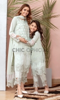 Premium Chiffon shirt embellished with handwork of resham and mirror detailed with qureshia and organza fabric manipulation paired up with qureshia detailed ciggerate pants and qureshia and organza detailed chiffon dopatta embellished with resham and mirror work motif