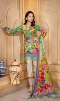 Lawn Digital Front : 1.25 m Lawn Digital Back : 1.25 m Lawn Printed Sleeves : 0.65 m 100% Pure Chiffon Dupatta : 2.5 m Dyed Cotton Trouser : 2.5 m  Embroidery Embroidered Front Patches: 2 Piece Embroidered Border : 1.5 m