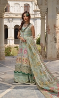 1. 1.1 meters Chata Patti and Embroidered Front 2. 1.9 meters Solid Dyed Net 3. 2 meters Gota Border for Daman 4. 4 meters Gota Border for Lehnga 5. 1 Embroidered and Sequined Back Motif 6. 2 Appliqued, Embroidered and Sequined Daman 7. Appliqued, Embroidered and Sequined Windows for Front 8. Hand Embellished Tassels 9. 2 meters Tareez Patti 10. 3 meters Talpat Patti 11. 1.4 meters Gold Printed Pure Medium Organza for Dupatta 12. 5 meters Embroidered and Sequined Zig Zag Border for Dupatta 13. 2 meters Diamond Chata Patti Border for Dupatta 14. 2 meters Booti Embroidered and Sequined Border for Dupatta 15. 2 meters Linear Embroidered and Sequined Border for Dupatta 16. 2 Chata Patti, Embroidered and Sequined Cuffs for Sleeves 17. 5 meters Solid Dyed Rawsilk Pant 18. 2.5 meters Solid Dyed Cotton Silk Lining