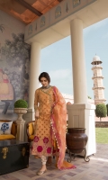 1. 0.8 meters Lawn Front with Organza Appliques  2. 1.25 meters Hand Printed Back with Gold Outlines  3. 0.5 meters Hand Printed Insert with Gold Outlines  4. 0.65 meters Solid Dyed Lawn for Sleeves  5. 0.80 meters Embroidered Chata Patti Border  6. 2 meters Embroidered Talpat   7. 2.5 meters Embroidered Tareez  8. 2.50 meters Hand Printed Pant  9. 2.50 meters Gold Woven Dupatta