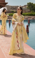 1. 0.8 meters Embroidered Front on Slub Lawn 2. 0.8 meters Embroidered Back on Slub Lawn 3. 1 meter Slub Lawn for Sleeves and Side Panels 4. 1 Embroidered Neckline with Crystal Work 5. 1 meter Embroidered and Sequined Sleeve Lace on Organza 6. 1.6 meters Embroidered and Sequined Daman Lace on Organza 7. 1 meter Embroidered Sleeve Border 8. 4 Embroidered Slits on Slub Lawn for Pants 9. 2.5 meters Schifli Embroidered Dupatta on Swiss Lawn 10. 2.5 meters Embroidered Inserts on Organza for Dupatta 11. 2.5 meters Solid Dyed Pant