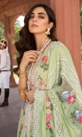 1. 0.8 meters Embroidered Front on Slub Lawn  2. 0.8 meters Embroidered Back on Slub Lawn  3. 1 meter Slub Lawn for Sleeves and Side Panels  4. 1 Embroidered Neckline with Crystal Work  5. 1 meter Embroidered and Sequined Sleeve Lace on Organza  6. 1.6 meters Embroidered and Sequined Daman Lace on Organza  7. 1 meter Embroidered Sleeve Border  8. 4 Embroidered Slits on Slub Lawn for Pants  9. 2.5 meters Schifli Embroidered Dupatta on Swiss Lawn  10. 2.5 meters Embroidered Inserts on Organza for Dupatta  11. 2.5 meters Solid Dyed Pant
