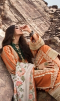 2 Marori Embroidered Center Panels on Khaddar 2 Marori Embroidered Side Panels on Khaddar 2 Marori Embroidered Godet on Khaddar 0.65 meters Marori Embroidered Sleeves on Khaddar 1.1 meter Marori Embroidered Back on Khaddar 0.70 meters Patti for Back Daman 1.1 meters Marori Embroidered Pant Border 2.5 meters Embroidered Wool Shawl with Border 2.5 meters Solid Dyed Cambric Pant