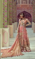 1. 0.65 meters Embroidered and Sequined Front on Net  2. 1.3 meters Embroidered and Sequined Side panels and Back on Net  3. 0.60 meters Embroidered Yoke for Front  4. 0.60 meters Crystal Encrusted Hand Worked Yoke for Back   5. 0.65 meters Embroidered Sleeves with Hand Work   6. 0.45 meters Hand Embellished Patti 1 for Neckline  7. 0.45 meters Hand Embellished Patti 2 for Neckline  8. 3 meters Gota Appliqued Chevron Border for Pant  9. 2.5 meters Hand Printed Katan Organza Dupatta with Gold Printing   10. 5 meters Solid Dyed Rawsilk Pant  11. 2.5 meters Cotton Silk Lining
