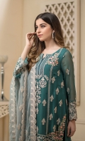 Embroidered Chiffon Front 1 meter Embroidered Daman For Front 1PC Embroidered Chiffon Back 1 meter Embroidered Daman For Back 1PC Embroidered Chiffon For Sleeves 0.6 yard Embroidered Sleeves Border Dyed Malai For Lining 2 yards Dyed Raw Silk For Trouser 2.5 yards Embroidered Chiffon Dupatta 2.5 yards