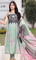 Embroidered Lawn Front 1.15Mtr Printed Lawn Back 1.15Mtr Printed Sleeves 0.65Mtr Printed Chiffon Dupatta 2.5Mtr Dyed Trouser 2Mtr