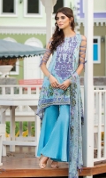 1.1 Meters Printed Front 1.1 Meters Printed Back 0.6 Meters Printed Sleeves 2.5 Meters Dyed Trouser  2.5 MetersPrinted Chiffon Dupatta.  Embroidered Neckline.