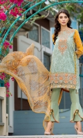1.1 Meters Embroidered Front. 1.1 Meters Printed Back. 0.6 Printed Sleeves. 2.5 Meters Dyed Trouser  2.5 Meters Printed Chiffon Dupatta. 1.25 Meters Embroidered Tissue Border.