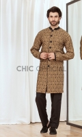 Cotton jersey fabric embellished with velvet embosed block print draped in sherwani cut kurta with black wash and wear fabric straight pants
