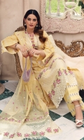 • Pure LawnSchiffli embroidered Front = 0.75Metre • pure Lawn embroidered Back = 0.75Metre • pure Lawn embroidered Sleeves = 0.65Metre • Dyed Cotton Trousers =2.5Metres • Organza embroidered Border For Sleeve = 1 Metre • Organza embroidered Border for front Hem and Dupatta pallus = 2.5 Metres • Organza embroidered Border with mirriorwork for Front Hem = 1Metre • Organza embroidered Motifs for Sleeves = 01 Pair • Organza embroidered Border for Trousers and Dupatta pallus = 2.5 Metres • Embroidered Cotton Net Dupatta with mirriorwork = 2.5Metres • Organza embroidered border with mirrior work for Pallus = 2.5 Metres