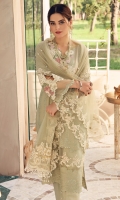 • Pure Lawn schiffli embroidered Front =0.75Metre • Pure Lawn embroidered Back =0.75Metre • Pure Lawn embroidered Sleeves =0.65Metre • Dyed Cotton Trousers = 2.5Metres • Organza embroidered Neckline = 1 piece • Organza embroidered Sleeves motifs = 4 • Organza embroidered Border for Hem = 1Metre • Net embroidered Dupatta with Pearls spray = 2.5Metres • Net embroidered Pallu Borders for Dupatta =2.25 Metres