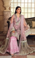 Embroidered Poly Net Hand Work Front, 0.66 Mtr Embroidered Poly Net Front Side Panel,. 0.33 Mtr Embroidered Poly Net Back, 0.85 Mtr Embroidered Poly Net Sleeve, 0.65 Mtr Embroidered Organza Panni Work Neck Line Patti, 01 Mtr Embroidered Silver Tissue Sleeve Patti, 01 Mtr Embroidered Raw Silk Sleeve Border, 01 Mtr Embroidered Raw Silk Sleeve Border, 01 Mtr Embroidered Organza Laser Work Front & Back Daman Border, 1.5 Mtr Embroidered Poly Net Dupatta, 2.25 Mtr Embroidered Poly Net Dupatta Pallu, 2 Mtr Embroidered Raw Silk Dupatta Pallu Patti, 4.5 Mtr Embroidered Raw Silk Dupatta Patti, 5 Mtr Solid Dyed Thai Silk For Inner Shirt, 2.25 Mtr Screen Print Raw Silk For Trouser Hem, 2.5 Mtr
