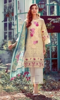 Three Pcs Superior Quality Pima Embroidered Lawn with Chicken Kari Work and Pure China Chiffon & Pure China Silk Dupattas along with Embroidery Patches