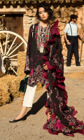 Embroidered Dupatta (Pure Organza) 2.50 Meters Embroidered Dupatta Border (Organza) 02 Pieces Embroidered Jacquard Shirt Front (Pima Lawn) 1.25 Meters Dyed Jacquard Shirt Back (Pima Lawn) 1.25 Meters Embroidered Jacquard Sleeves (Pima Lawn) 0.65 Meters Dyed Jacquard Trouser (Pima Cotton) 2.50 Meters Embroidered Neck Border (Organza) 01 Piece Embroidered Neckline (Satin Silk) 01 Piece Embroidered Front & Back Crew Neckline (Satin Silk) 02 Pieces Embroidered Jacquard Side Extensions (Pima Lawn) 02 Pieces Embroidered Hem Border (Organza) 01 Piece Embroidered Sleeves Border (Satin Silk) 1.40 Meters