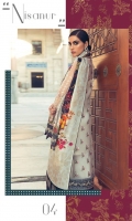 DIGITAL PRINTED DUPATTA (PURE SILK) 2.50 METERS EMBROIDERED SHIRT FRONT (POLY NET) 1.30 METERS EMBROIDERED SHIRT BACK & SIDE EXTENSION (POLY NET) 1.30 METERS EMBROIDERED SLEEVES (POLY NET) 0.60 METERS EMBROIDERED NECKLINE (SATIN SILK) 1 PIECE EMBROIDERED RUNNING BORDER (SATIN SILK) 1.50 METERS EMBROIDERED HEM BORDER (SATIN SILK) 0.90 METERS DYED SLIP (SILK) 2.00 METERS DYED TROUSER (RAW SILK) 2.50 METERS