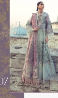 EMBROIDERED DUPATTA (POLY NET) 2.50 METERS EMBROIDERED DUPATTA BORDER (POLY NET) 2 PIECES EMBROIDERED SHIRT FRONT & BACK (PURE ORGANZA) 1.80 METERS EMBROIDERED SLEEVES & YOKE (PURE ORGANZA) 1.05 METERS EMBROIDERED HEM BORDERS (ORGANZA) 1.80 METERS EMBROIDERED NECK BORDER (ORGANZA) 1.50 METERS EMBROIDERED FRONT RUNNING BORDER (ORGANZA) 3.50 METERS DYED SLIP (SILK) 2.00 METERS DYED TROUSER (RAW SILK) 2.50 METERS