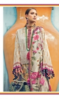 PRINTED DUPATTA (PURE SILK) 2.50 METERS PRINTED SHIRT FRONT (PIMA LAWN) 1.30 METERS PRINTED SHIRT BACK (PIMA LAWN) 1.30 METERS PRINTED SLEEVES (PIMA LAWN) 0.65 METERS PRINTED TROUSER (PIMA COTTON) 2.50 METERS EMBROIDERED NECKLINE 01 PIECE EMBROIDERED SLEEVE BORDER 1.06 METERS EMBROIDERED HEM PATCH 01 PIECE EMBROIDERED TROUSER PATTI 1.83 METERS EMBROIDERED TROUSER PATCH 01 PIECE