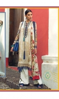 PRINTED DUPATTA (PURE SILK) 2.50 METERS PRINTED SHIRT FRONT (PIMA LAWN) 1.30 METERS PRINTED SHIRT BACK (PIMA LAWN) 1.30 METERS PRINTED SLEEVES (PIMA LAWN) 0.65 METERS PRINTED TROUSER (PIMA COTTON) 2.50 METERS EMBROIDERED NECKLINE 01 PIECE EMBROIDERED SLEEVE BORDER 1.06 METERS EMBROIDERED HEM PATCH 01 PIECE EMBROIDERED TROUSER PATTI 1.83 METERS EMBROIDERED TROUSER PATCH 01 PIECE