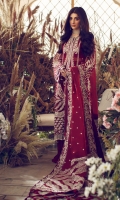 EMBROIDERED FRONT (ORGANZA) 1 PIECE EMBROIDERED SIDE PANELS (ORGANZA) 2 PIECES EMBROIDERED SLEEVES (ORGANZA) 1.3 METERS EMBROIDERED SLEEVE PATTI (SATIN) 1.2 METERS EMBROIDERED DUPATTA CENTER PANEL (ORGANZA) 1.3 METERS EMBROIDERED DUPATTA PALLU (ORGANZA) 4 PIECES EMBROIDERED FRONT & BACK HEM BORDER (SATIN) 2 METERS EMBROIDERED BACK (ORGANZA) 1 METERS EMBROIDERED DUPATTA BORDER (SATIN) 8 METERS EMBROIDERED DUPATTA PATTI 2.25 METERS DYED INNER SLIP (RAW SILK) 2 METERS DYED TROUSER (BAMBER RAW SILK) 2.5 METERS