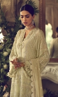An elegantly flowing silhouette in pale green is adorned with Persian inspired mihrabs and beautifully encrusted with 3D fabric flowers, crystals and silver filigree. Layered over a rich silver kimkhuab sharara and paired with a dupatta with a sequinned border and scattered motifs and hung with intricately made tassels, this ethereal and airy formal is ideal for summer weddings.