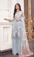FRONT: Net Embroidered Front Body, Net Embroidered Center & Side Panels BACK: Net Embroidered PATCHES: Organza Embroidered Front Back Border Organza Embroidered Front& Back Laces SLEEVES: Net Embroidered DUP: Net Embroidered TROUSER: Dyed Raw Silk