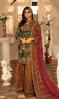 Chiffon embroidered front with Handwork Chiffon embroidered Back Chiffon Embroidered Sleeves with Handwork Chiffon Embroidered Duppata with Handwork Organza Embroidered Front, Back Border with Handwork Embroidered Net Gharara Jamawar for Gharara Linning Accessories
