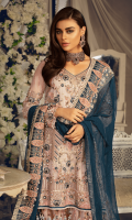Chiffon embroidered front with Handwork Chiffon embroidered Back Chiffon Embroidered Sleeves with Handwork Chiffon Embroidered Duppata with diamantés Organza Embroidered Front, Back Border with Handwork Embroidered Net Gharara Jamawar for Gharara Linning Accessories