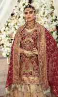 Chiffon Embroidered front with Handwork Chiffon Embroidered Back Chiffon Embroidered Sleeves with Handwork Chiffon Embroidered Duppata with Handwork Organza Embroidered Front, Back Borde with Handwork Embroidered Net Gharara Embroidered Border for Lehnga Jamawar for Lehnga Linning Accessories