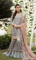 Chiffon Embroidered front with Handwork Chiffon Embroidered Back Chiffon Embroidered Sleeves with Handwork Chiffon Embroidered Duppata with Handwork Organza Embroidered Front, Back Borde with Handwork Embroidered Net Gharara Jamawar for Gharara Linning Accessories