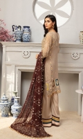 FRONT: CHIFFON EMBROIDERED FRONT WITH HAND WORK  BACK: CHIFFON EMBROIDERED BACK  SLEEVES: CHIFFON EMBROIDERED SLEEVES  BORDER: FRONT, BACK AND SLEEVES ORGANZA EMBROIDERED BORDER  DUPATTA: CHIFFON EMBROIDERED DUPATTA  TROUSER: RAWSILK TROUSER