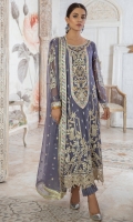 Chiffon Embroidered Front.  Chiffon Embroidered back.  Chiffon Embroidered Sleeves.  Chiffon Embroidered Dupatta.  Organza Embroidered Handmade Neck line.  Organza Embroidered Front and back border.  Organza Embroidered Sleeves lace.  Organza Embroidered trouser lace.  Dyed Raw silk Trouser.