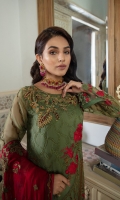 Organza Embroidered Front.  Organza Embroidered back.  Organza Embroidered Sleeves.  Chiffon Embroidered Dupatta.  Organza Embroidered Hand made Neck line.  Organza Embroidered Front and back border.  Organza Embroidered Sleeves border.  Organza Embroidered trouser border.  Dyed Raw silk Trouser.