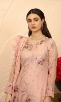 Chiffon Embroidered front. Organza Embroidered Hand work Neck line. Chiffon Embroidered back. Chiffon embroidered Sleeves. Chiffon Embroidered Dupatta. Organza Embroidered front, back border. Organza Embroider Dupatta border. Organza Embroidered Trouser border. Dyed Raw silk Trouser.