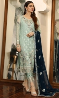 Chiffon Embroidered front. Organza Embroidered Hand made Neck line. Chiffon Embroidered back. Chiffon Embroidered sleeve. Chiffon Embroidered dupatta. Organza Embroidered front, back border. Organza Embroidered sleeve border Organza Embroidered Trouser border. Dyed Raw silk Trouser.