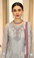Chiffon Embroidered front.      Organza Embroidered Adda Work Neck line. Chiffon Embroidered back. Chiffon Embroidered sleeve. Chiffon Embroidered dupatta. Organza Embroidered front, back, sleeves border. Organza Embroidered Trouser border. Dyed Raw silk trouser