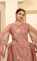 Chiffon Embroidered front. Chiffon Embroidered back. Chiffon Embroidered sleeve. Chiffon Embroidered dupatta. Organza Embroidered Hand made Neck line. Organza Embroidered front, back border. Organza Embroidered sleeve border. Organza Embroidered Trouser Patches. Dyed Raw silk Trouser.