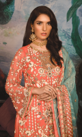 Chiffon Front with HANDWORK and Embroidery Embroidered Chiffon Back Organza Front Back Border Embroidered Chiffon Sleeves with Handwork Mesouri Embroidered Dupatta Embroidered Lace for Dupatta Russian Grip Trouser