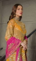 Front Sequence Embroidered Chiffon Back Sequence Embroidered Back Border Sequence Embroidered front, Back Border on Organza Sleeves Sequence Embroidered Chiffon Dupatta Sequence Embroidered Chiffon Dupatta Trouser Dyed Russian Grip Net Fabric Laces and jamawar