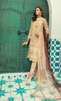 Organza Embroidered and sequence work front with Handwork  Organza embroidered back  Organza embroidered front and back border  Embroidered Cutwork Sleeves along with separate embroidered patch  Embroidered Duppata on Net  Dyed rawsilk trouser along with Trouser Patch and motifs