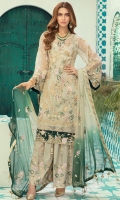 Organza embroidered front with Handwork  Organza embroidered back  Rawsilk embroidered front and back border  Organza embroidered Sleeves along with embroidered patch  Chiffon embroidered duppata  Embroidered Rawsilk trouser
