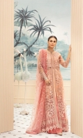 Embroidered Net Front Right and Left Panel  Embroidered Front, Right and Left Body  Embroidered Side Panel for Front  Embroidered Net Back  Embroidered Side Panel for Back  Embroidered Front Back Border  Embroidered Sleeves  Embroidered Net Duppata  Tie and Dyed Rawsilk Trouser